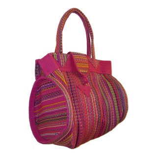 Contemporary African Hand-Woven Hot Pink Coiled Statement Handle Basket For Sale