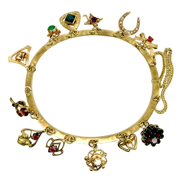 Victorian Gold Charm Bangle Bracelet With Gemstone Stickpin Charms – 19th Century For Sale