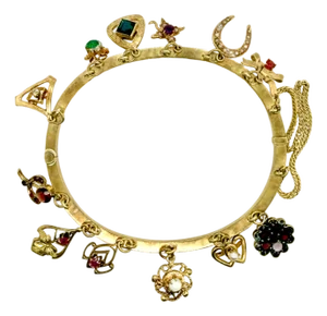 Victorian Gold Charm Bangle Bracelet With Gemstone Stickpin Charms – 19th Century