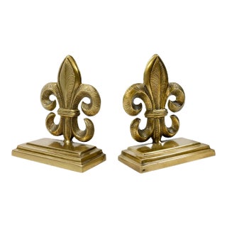 Vintage Brass Fleur-De-Lis Motif Bookends, a Pair For Sale