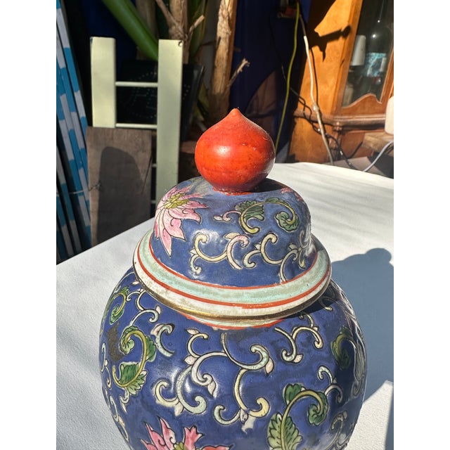 Asian Vintage Blue Floral Asian Inspired Jar For Sale - Image 3 of 8