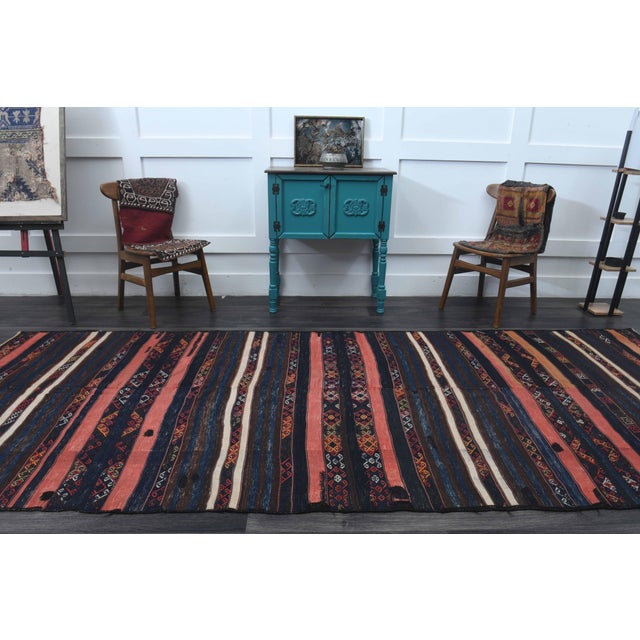 1970s Vintage Handmade Wool Cotton Dark Blue Runner Rug For Sale In San Francisco - Image 6 of 11