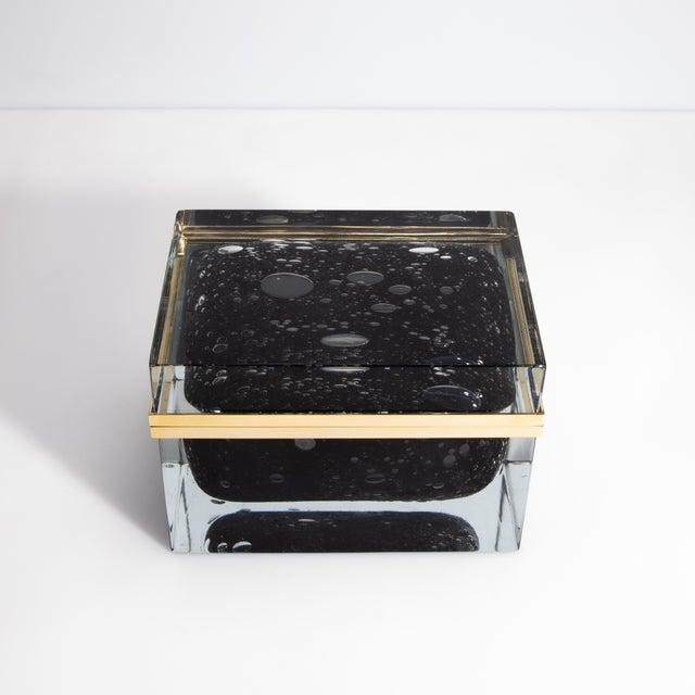 Hand Blown Murano Glass Box in Black With Bubbles and Brass Fittings For Sale - Image 9 of 12