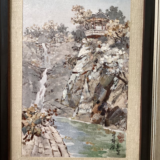 This beautiful Oriental art peace with serene landscape scenery. The artist's use of different materials creates a...