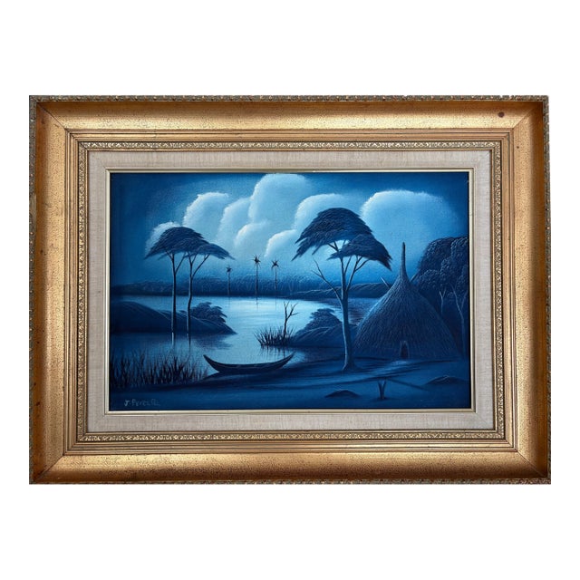 Mid 20th Century J. Perez Q. Latin American Nocturne Landscape, Monochromatic Blue, Tropical River Scene. For Sale