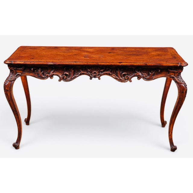 Amber 19th Century French Louis XV Carved Solid Oak Parquetry Bureau Plat Writing Desk For Sale - Image 8 of 8