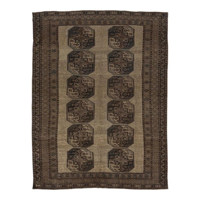 Antique Turkaman Wool Rug With Geometric Gull Medallions in Muted Taupe & Espresso For Sale