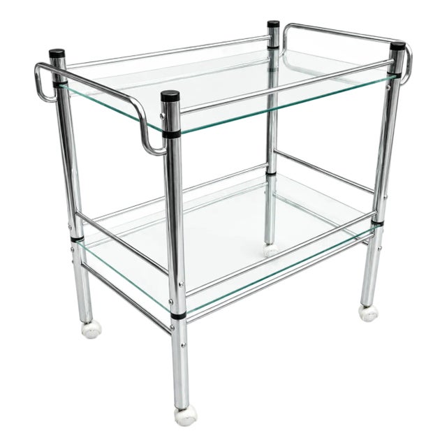 “1980s Modernist Chrome Tubular Glass Serving Cart or Bar Trolley For Sale