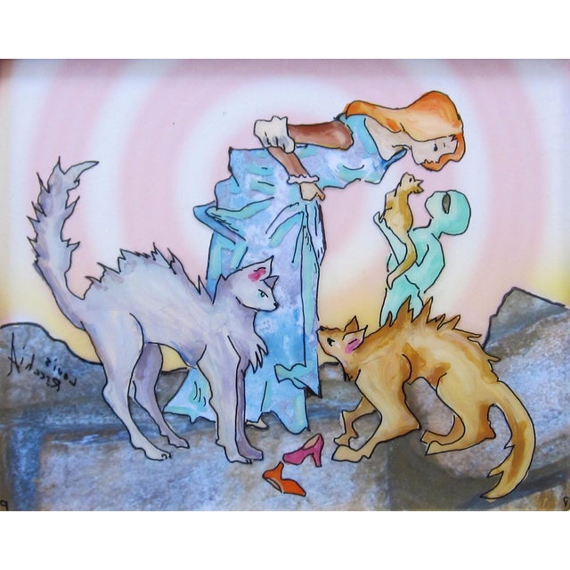 Cat Lovers by Louis Recchia | Mixed-media acrylic on plexiglas depicting a woman with cats and children. For Sale