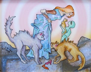 Cat Lovers by Louis Recchia | Mixed-media acrylic on plexiglas depicting a woman with cats and children.