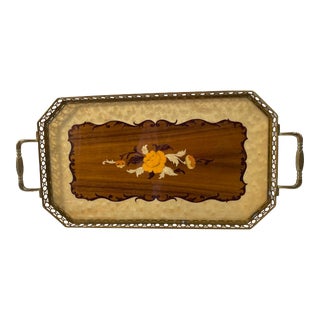 Vintage Italian Inlaid Wood Tray With Brass Handles For Sale