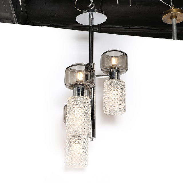 1970s Mid-Century Pressed Crystal & Smoked Murano Glass Staggered 3-Arm Pendant For Sale - Image 5 of 14
