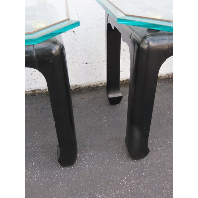Hollywood Regency Black Painted Glass Top Side Tables a Pair 6901 For Sale - Image 11 of 18