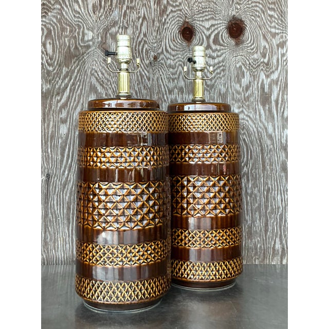 Late 20th Century Vintage Boho Glazed Ceramic Band Lamps - a Pair For Sale - Image 5 of 10