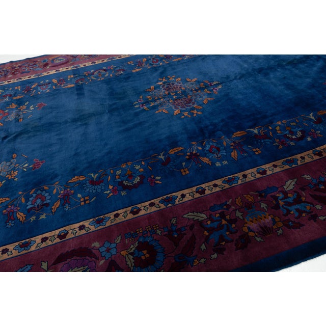 Early 20th Century Antique Chinese Art Deco Wool Rug in Cobalt Blue & Plum For Sale - Image 4 of 12