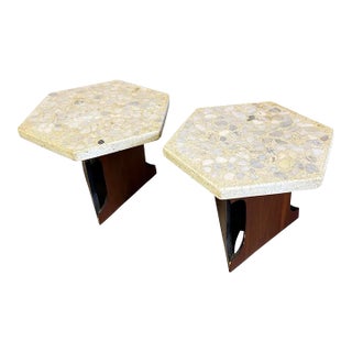 Harvey Probber Style Mid Century Terrazzo Top Hexagon Side Tables - A Pair For Sale