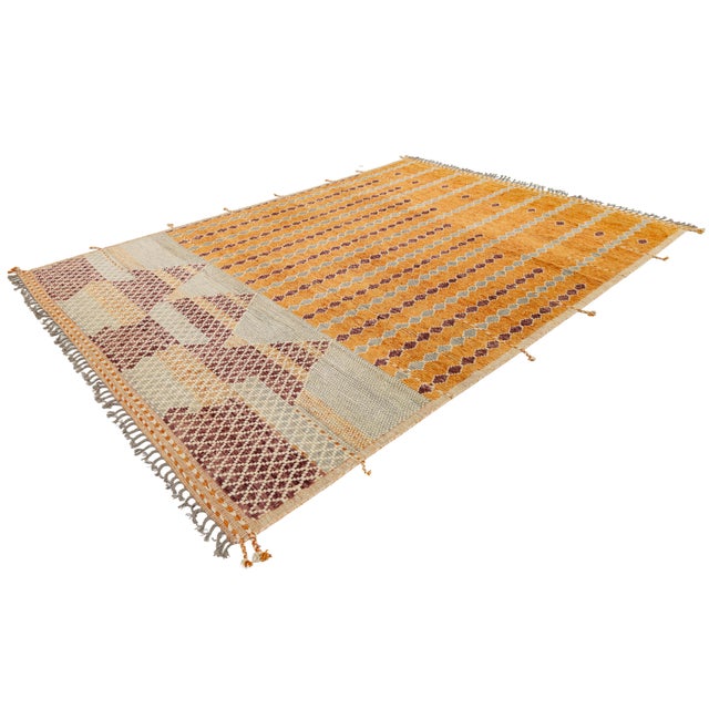 Contemporary Moroccan Style Geometric Wool Area Rug in Saffron, Ochre & Burgundy For Sale - Image 11 of 12