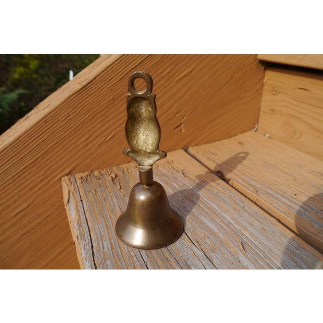 American VTG Patina Heavy Solid Brass School Bell W Embossed Figural Owl Shape Handle For Sale - Image 3 of 10