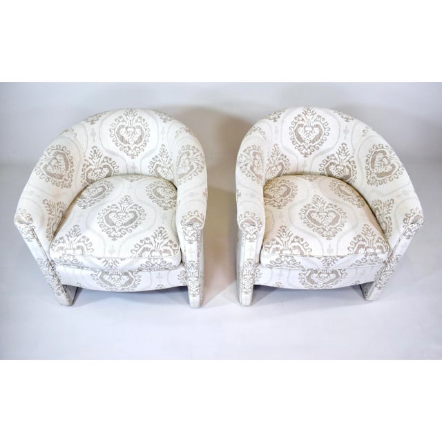 Exquisite pair of custom modern tub club chairs with distinct design elements as seen in examples of Giorgio Armani Casa...