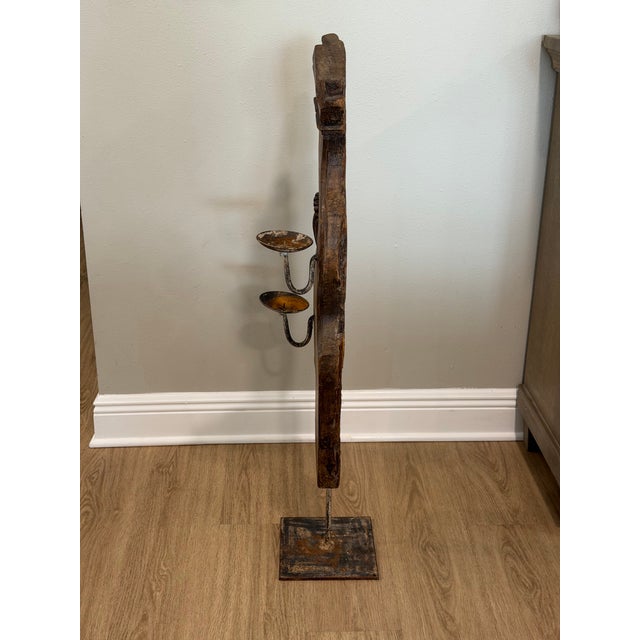 Vintage Indian Carved Wood Architectural Fragment on Iron Candle Stand For Sale In Orlando - Image 6 of 12