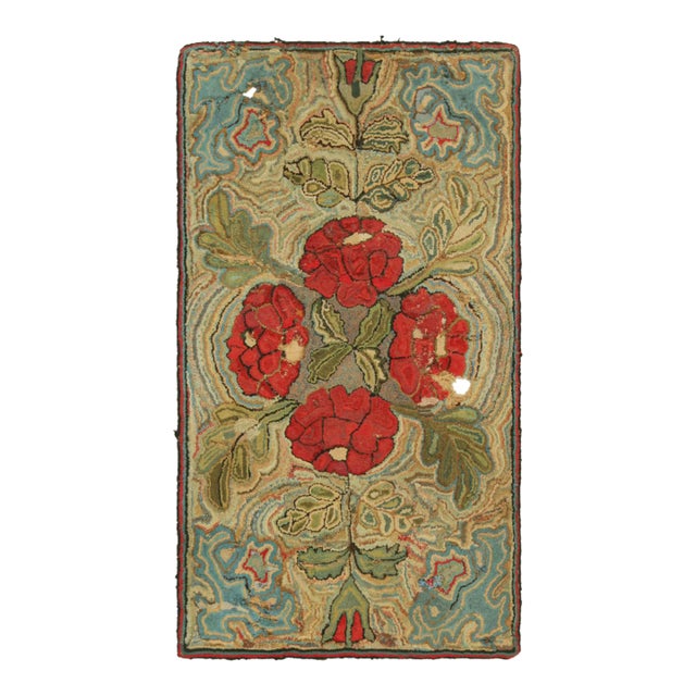 Antique Hooked Rug With Floral Medallion in Red and Green | Rug & Kilim For Sale