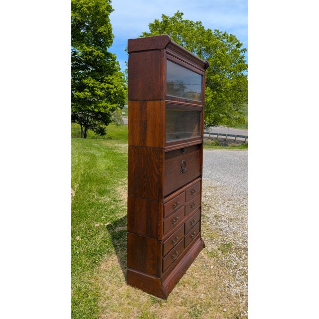 Arts & Crafts Antique Quartersawn Oak 5 Sections Stacking Barrister Bookcase With Desk 1900s For Sale - Image 3 of 18