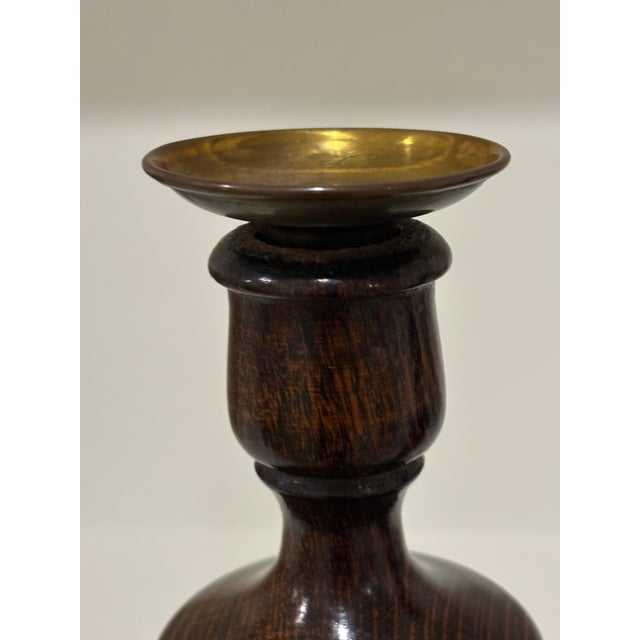 Antique English Oak Turned Candlesticks With Brass Candle Cups - A Pair For Sale - Image 10 of 13