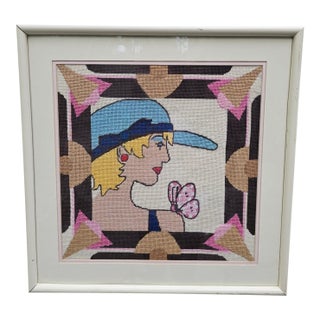 Vintage Needlepoint Wall DecorWoman 19"x19" Pop Art Deco Maximalist Wall Art For Sale