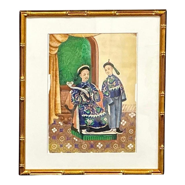 Chinese Ancestor Painting on Pith Paper, Faux Bamboo Frame For Sale