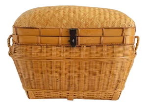 Vintage Chinese Herringbone Weave Cane and Wicker Lidded Basket Storage
