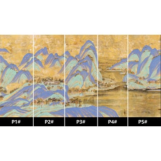 36" * H108"/Panel * 5ps, Mustard-Yellow a Thousand Li of Rivers and Mountains Wallpaper, Chinese-Style Wallpaper Mural, 5 Panels For Sale