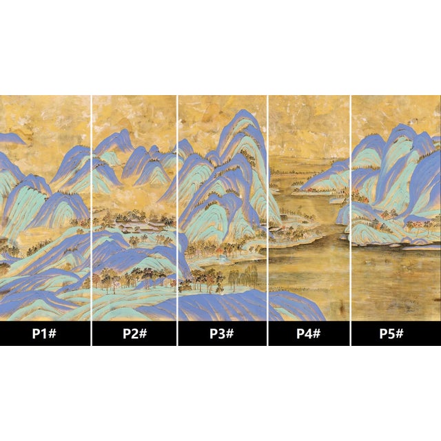 36" * H108"/Panel * 5ps, Mustard-Yellow a Thousand Li of Rivers and Mountains Wallpaper, Chinese-Style Wallpaper Mural, 5 Panels For Sale - Image 4 of 8