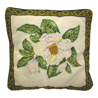 Vintage French Country Camellia Flower Design Needlepoint Pillow For Sale