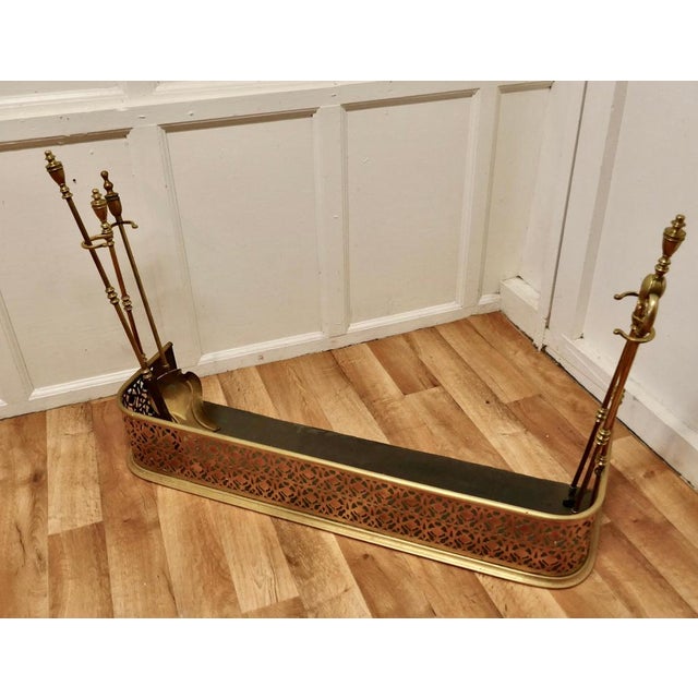 Victorian Pierced Brass Fender with Fire Irons For Sale - Image 4 of 9