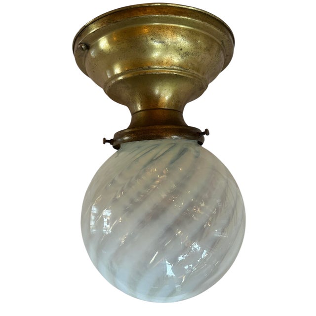 Mid-Century Modern Phoenix Swirl Glass Globe Light Fixture on Original Brass Holder Circa 1920’s For Sale - Image 3 of 4