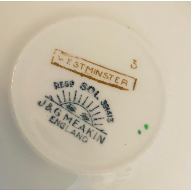 Antique English Bone China J & G Meakin Tea, Coffee Cup & Saucer, Westminster Pattern Featuring an Intricate Green & Gold Band on White- Set of 6 For Sale In San Antonio - Image 6 of 12