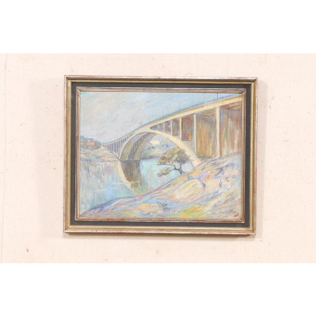Mid-Century Modern Swedish Painting of Bridge Over Water, 1950 For Sale - Image 3 of 12