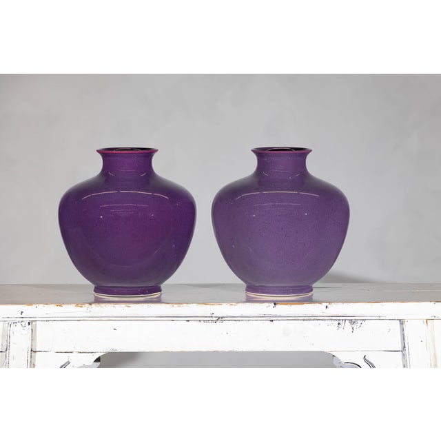 Pair of Purple Ceramic Vases with Glossy Finish and Rounded Bellies For Sale - Image 11 of 12