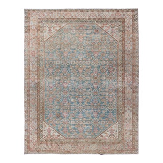Antique Malayer Carpet With All-Over Design in Blue Gray and Coral For Sale