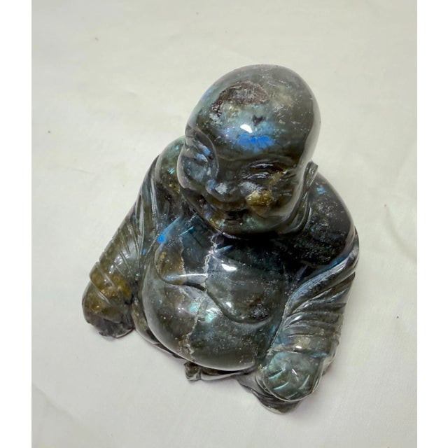Vintage Hand Carved Natural Labradorite Crystal Stone Buddha Sculpture Statue For Sale - Image 4 of 15