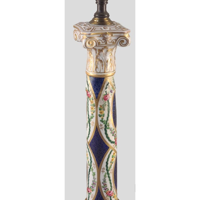 Neoclassical Mid 20th Century Vintage Dresden Classical Greek Column Painted Floral Gilded Claw Feet Lamp For Sale - Image 3 of 10