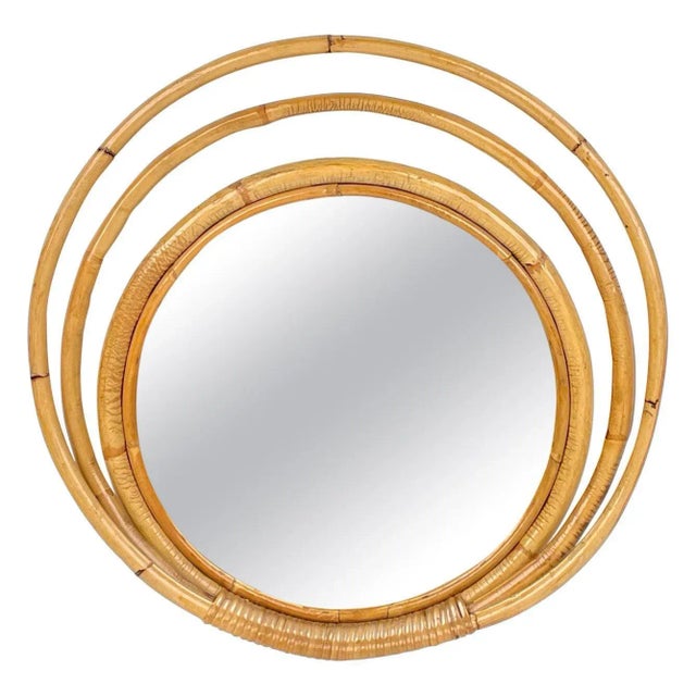 Mid-Century Italian Three Level Round Bamboo & Rattan Wall Mirror, 1960s For Sale - Image 14 of 14