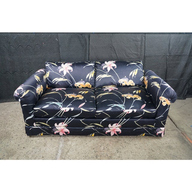 Pair Mid Century Erwin-Lambeth for John Stuart Botanical Lily Rolled Arm Sofas For Sale - Image 15 of 17