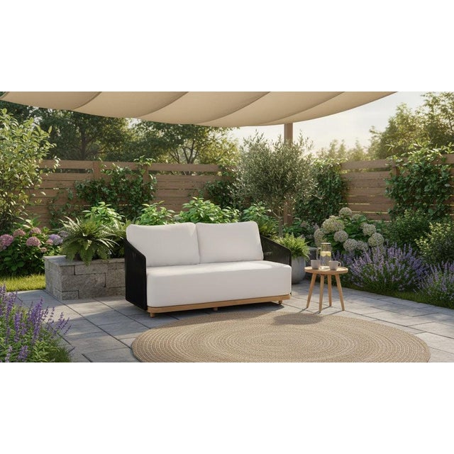 Black Alpine Teak Wood Outdoor Loveseat With Black Rope Design For Sale - Image 8 of 11