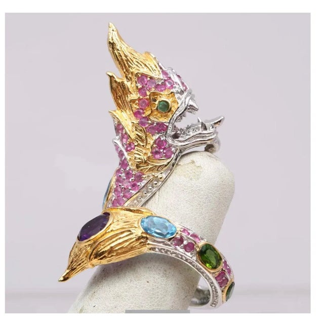 1990s Sterling Gold, Ruby, Amethyst & Emerald Gemstone D Dragon Ring Size 9 For Sale - Image 4 of 7