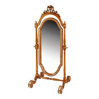 Italian Walnut Cheval Mirror With Gold Leaf Accents For Sale