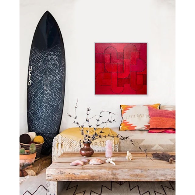 Paint Contemporary Geometric Abstract Square Oil Painting Monochromatic–Red Gold Leaf Edges by Stephen Cimini For Sale - Image 7 of 7