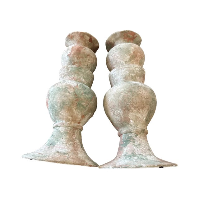 Folk Art Monumental Vintage Terracotta Candlesticks Raised Rose Relief 15 Inch Pair For Sale - Image 3 of 15