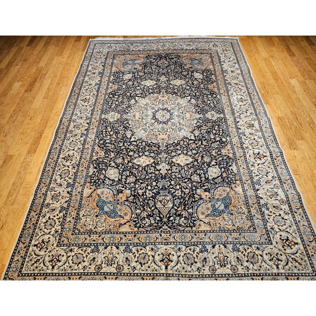 Vintage Room Size Persian Nain Rug, Handwoven Floral Pattern With Silk Highlights, Navy & Ivory , 9’ X 13’ For Sale - Image 9 of 12