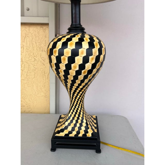 Mackenzie Childs Vintage Art Deco Yellow & Black Checkered or Chevron Pattern Lamp For Sale - Image 4 of 8